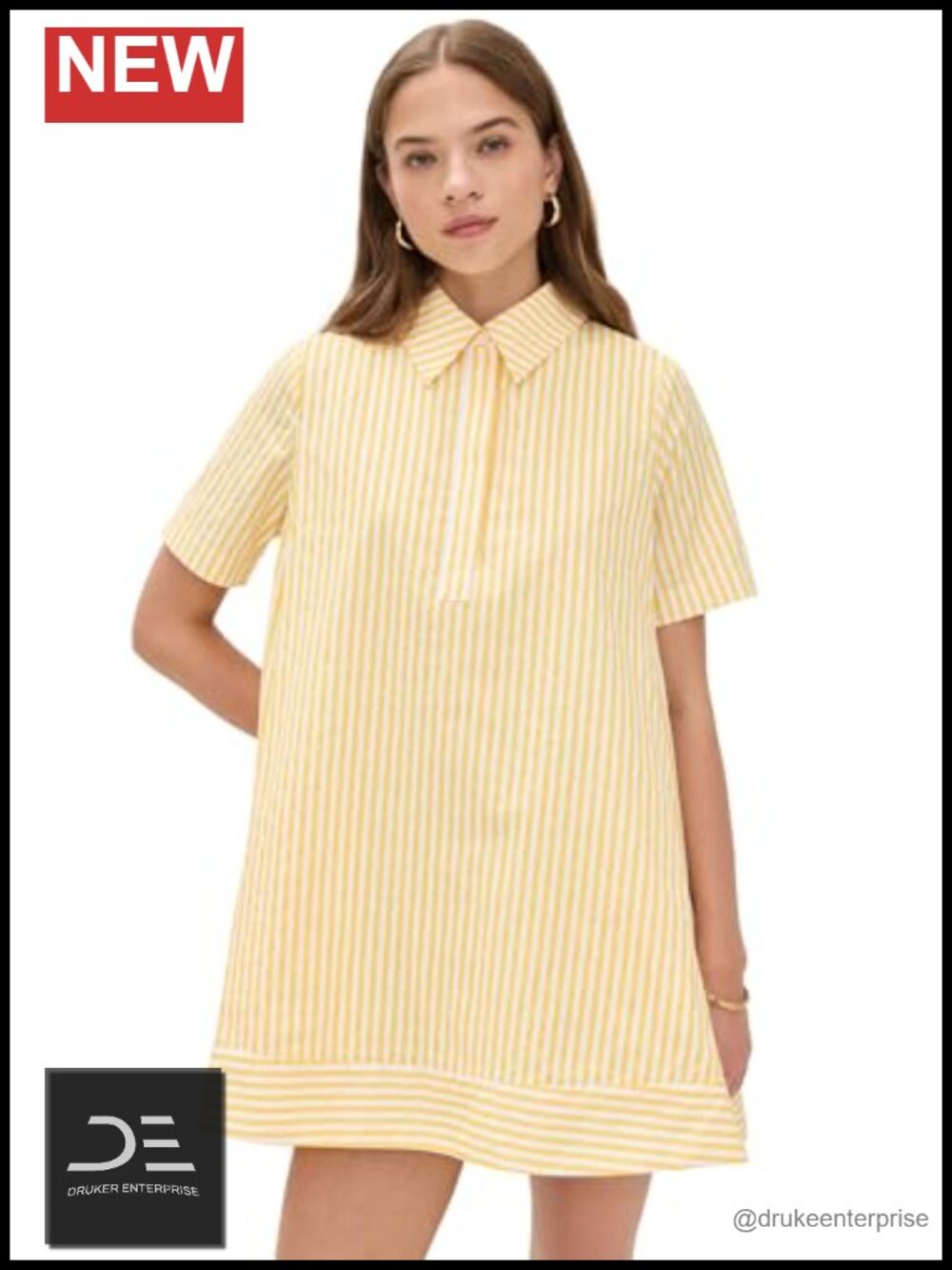 Striped Mini Dress Collared Neck Short Sleeve Lightweight Poplin Casual